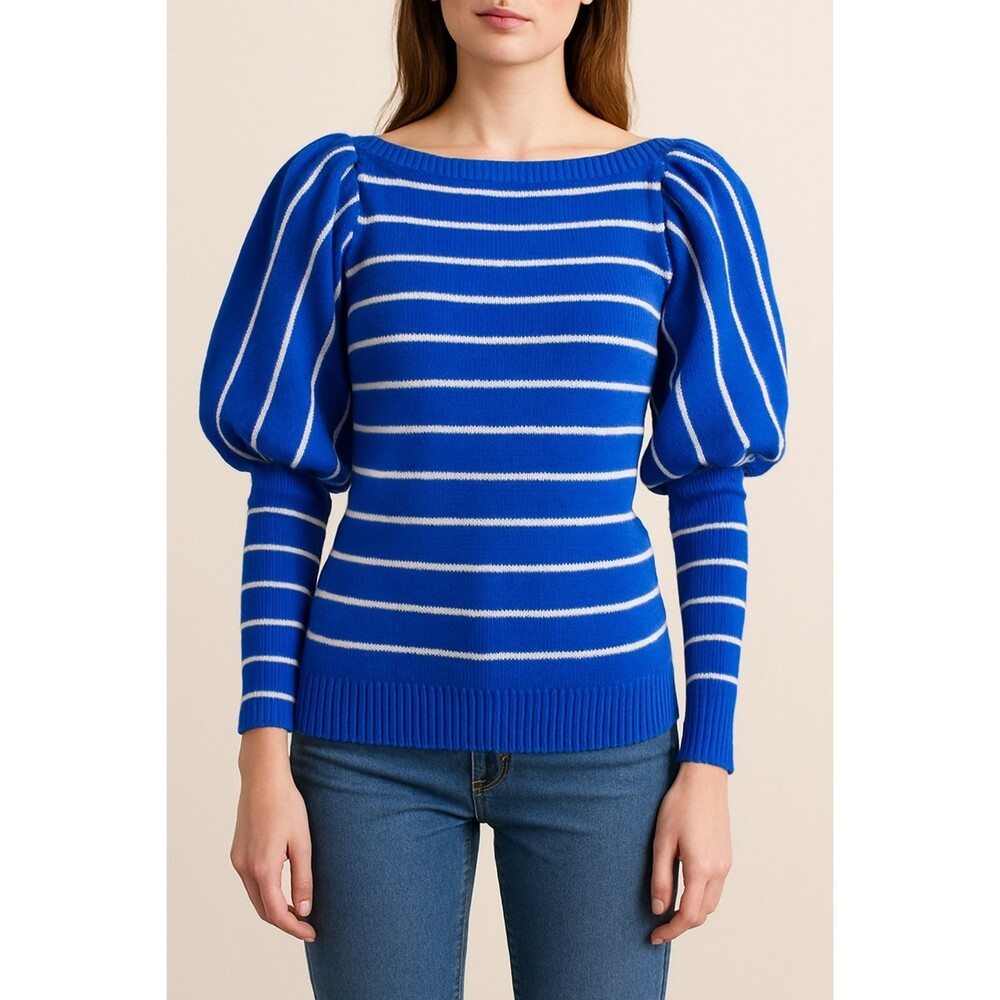 Vintage 80s Mister Noah Blue Stripe Puff Sleeve Knit Sweater M